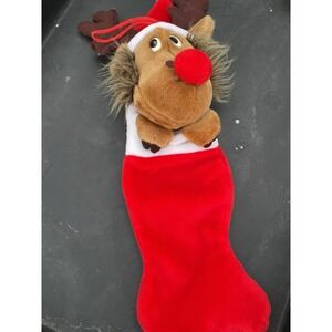 Vintage Christmas Stocking Plush Reindeer 3D Tan & Brown By Smithy Santa Hat